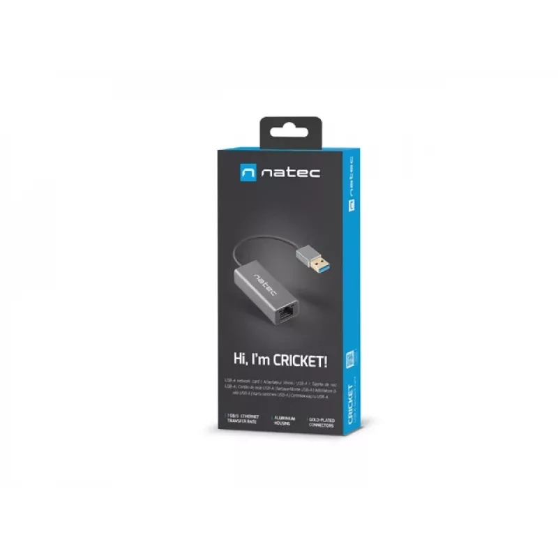 Natec Cricket NNC-1924 USB 3.0 Type-A – RJ45 Ethernet-sovitin, 1000 Mbit/s, 15 cm kaapeli, musta