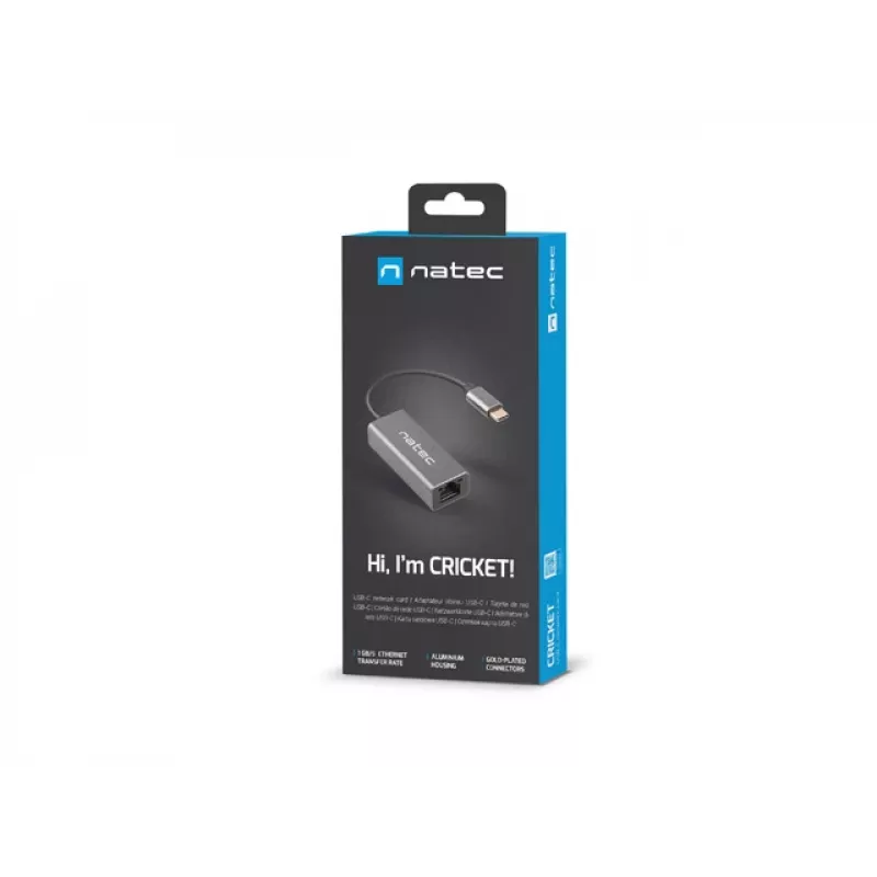 Natec Cricket NNC-1925 USB-C 3.1 Gen 1 – RJ45 Ethernet-sovitin, 1000 Mbit/s, 15 cm kaapeli, alumiini, harmaa