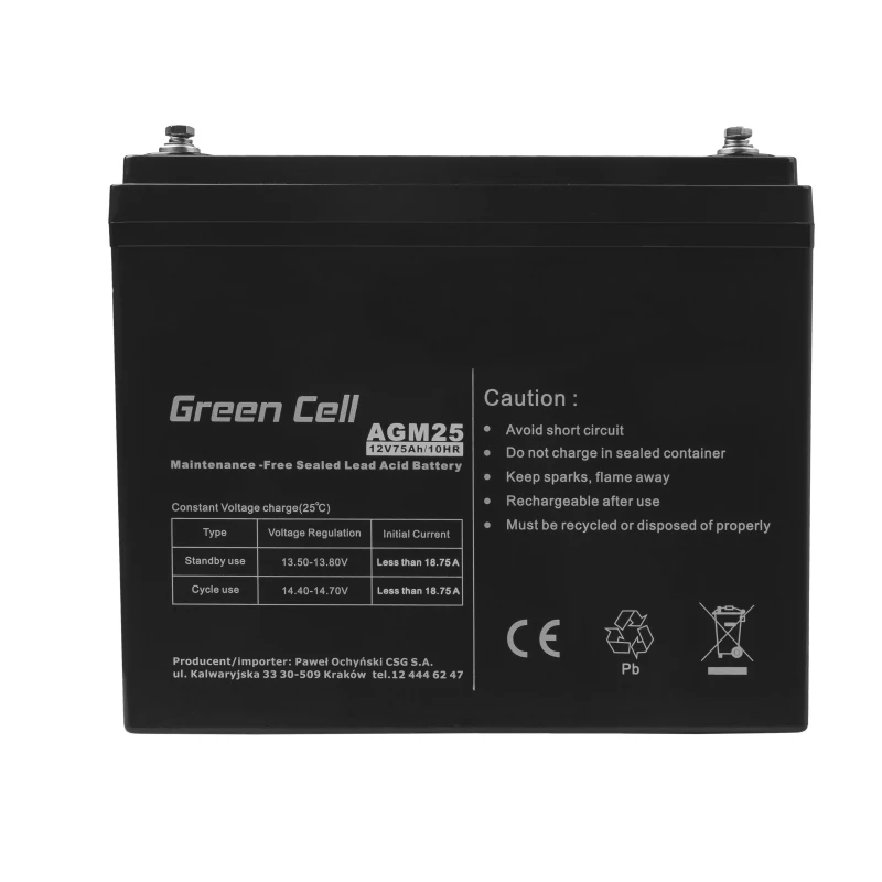 Sinetöity lyijy-happo UPS-akku Green Cell AGM25 12 V 75 Ah, VRLA, 75 Ah, 12 V, 21,3 kg