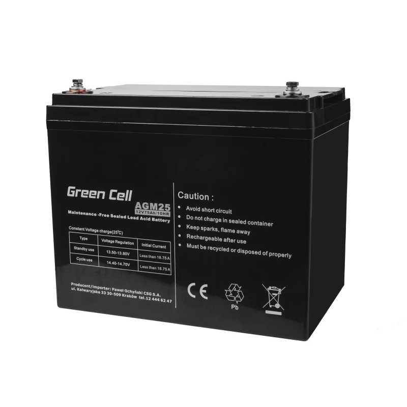 Sinetöity lyijy-happo UPS-akku Green Cell AGM25 12 V 75 Ah, VRLA, 75 Ah, 12 V, 21,3 kg