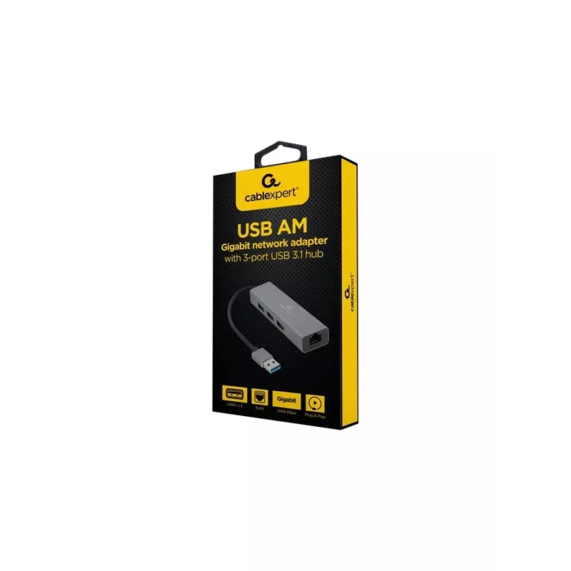 Gembird A-AMU3-LAN-01 USB-A–Gigabit LAN -sovitin 3-porttisella USB 3.0 -keskittimellä, musta