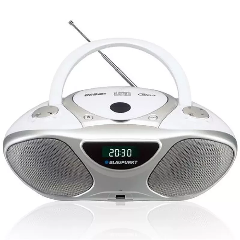 CD-tallennin BLAUPUNKT BB14WH — CD-tallennin MP3-toistolla, USB, LCD, kello, 2x1 W kaiuttimet, hopea/valkoinen