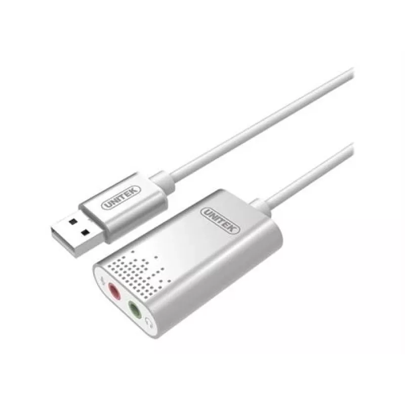 Unitek Y-247A USB-stereoäänikortti, USB 2.0 A-tyyppi – 2 x 3,5 mm:n miniliitin, alumiini, 47 x 28 mm, hopea