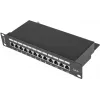 Patch-paneeli LANBERG PPF6-9012-B — 12-porttinen RJ45, metalli, musta, 1U (215×44,5×130 mm)