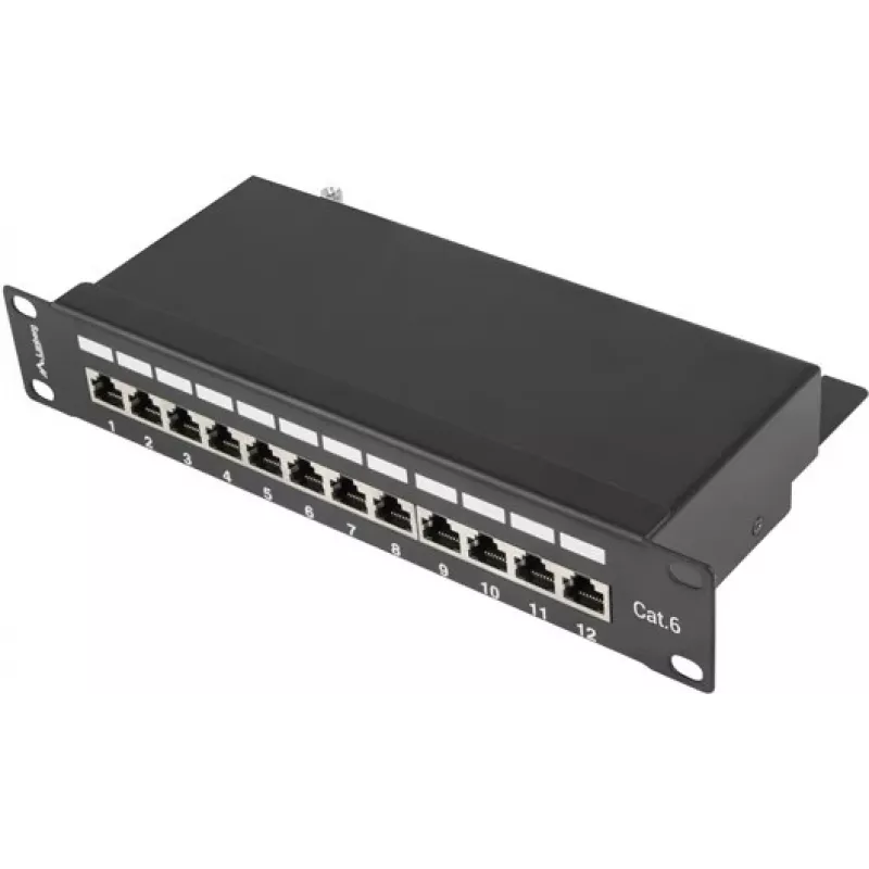 Patch-paneeli LANBERG PPF6-9012-B — 12-porttinen RJ45, metalli, musta, 1U (215×44,5×130 mm)
