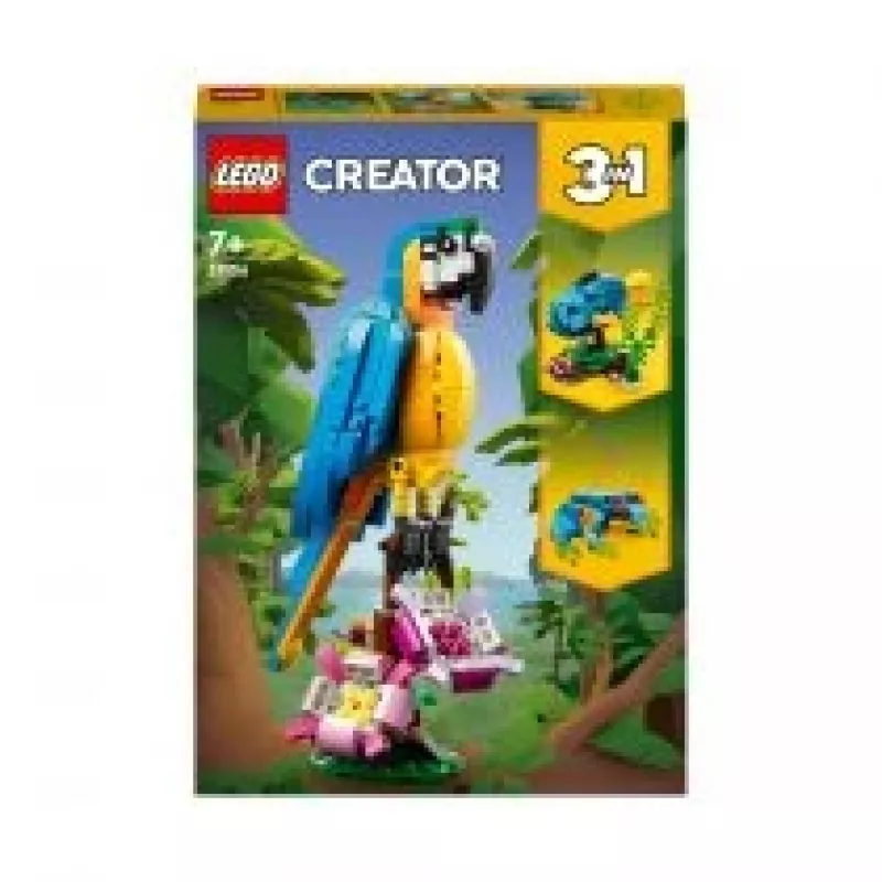 LEGO rakennussarja Exotischer Papagei 31136 — Creator-näyttömalli, 253 osaa, 220×120×110 mm
