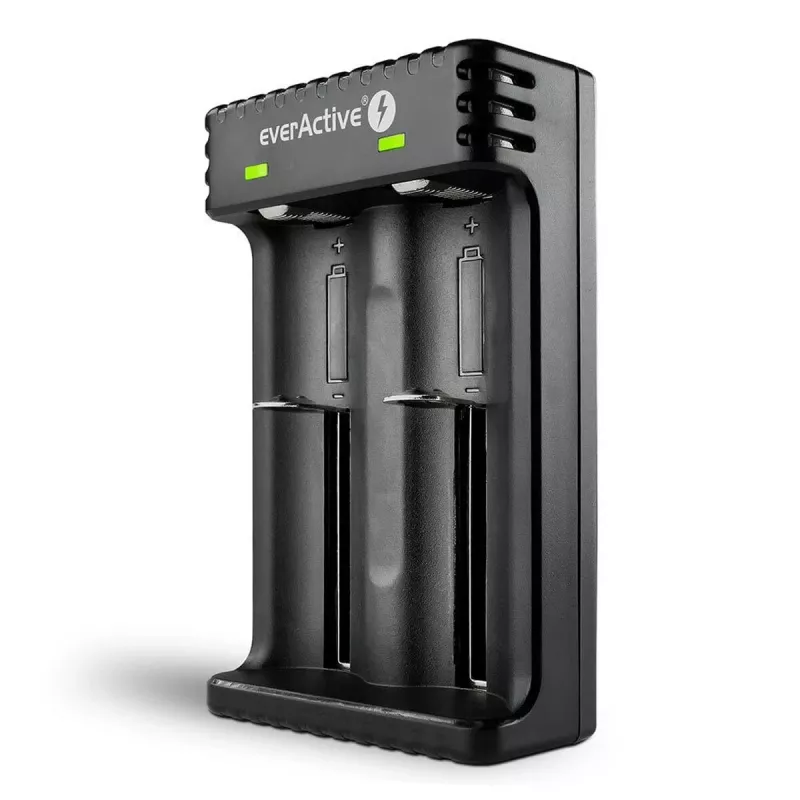 Akkulaturi everActive LC200 kotitalous USB, 2 paikkaa, Li-Ion, tukee A/AA/AAA/AAAA/C/D, 5 V tulo, 4,2 V lähtö, musta