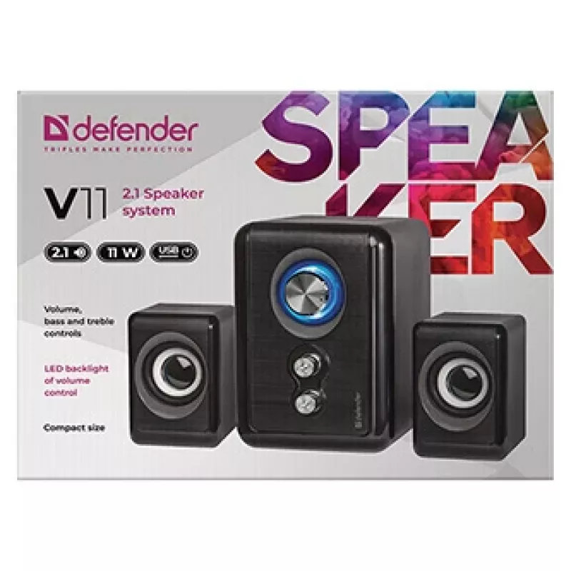 DEFENDER kaiuttimet V11 11 W johdollinen 2.1 pöytäsatelliittikaiuttimet, USB 5 V, musta