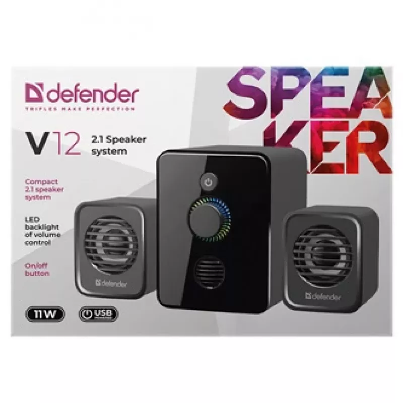 Defender V12 65212 2.1 -tietokonekaiuttimet, 11 W, 5 W subwoofer, USB-virta, LED-taustavalo, musta, 115 x 130 x 223 mm
