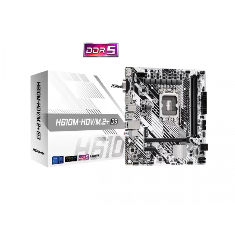 ASRock H610M-HDV/M.2+ D5 emolevy, Intel H610, LGA 1700, Micro-ATX, 2x DDR5 DIMM (enint. 96 GB), PCIe 4.0 x16, 1x M.2, 4x SATA III, HDMI, DisplayPort, VGA, USB-C 3.2 Gen 1, Gigabit LAN
