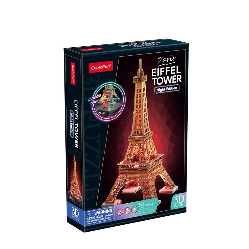3D-palapeli Cubicfun Eiffel-torni yöversio LED cubicfun malli 306-L534H – valaistu arkkitehtoninen 3D-palapeli