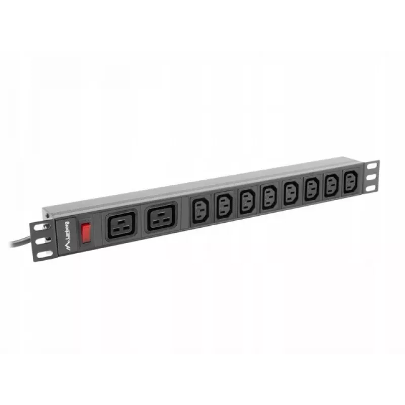 Rack-asennettava sähkönjakoyksikkö LANBERG PDU-02I1908I-0200-C20-BK — 1U, 10×C13, 16A, 2 m kaapeli, 19