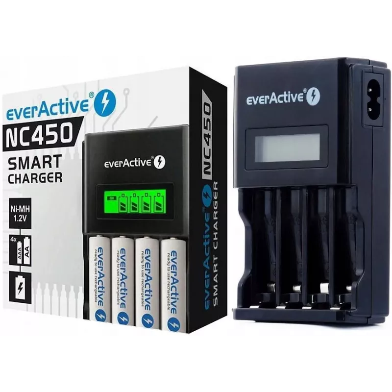 Akkulaturi everActive NC450B — 4 kennon AAA-laturi, 110/230V AC, musta
