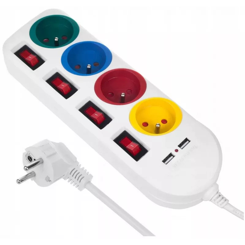 Jatkojohto MACLEAN MCE229W — 4 pistorasiaa, 2× USB, 1,5 m kaapeli, tyyppi F, 10 A, valkoinen
