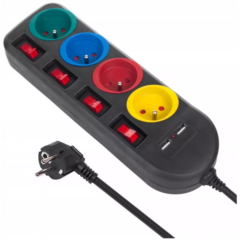 Jatkojohto MACLEAN MCE229B — 4 AC-pistorasiaa, 2× USB-A, 1,5 m kaapeli, 10 A, tyyppi F, sisäkäyttöön, musta