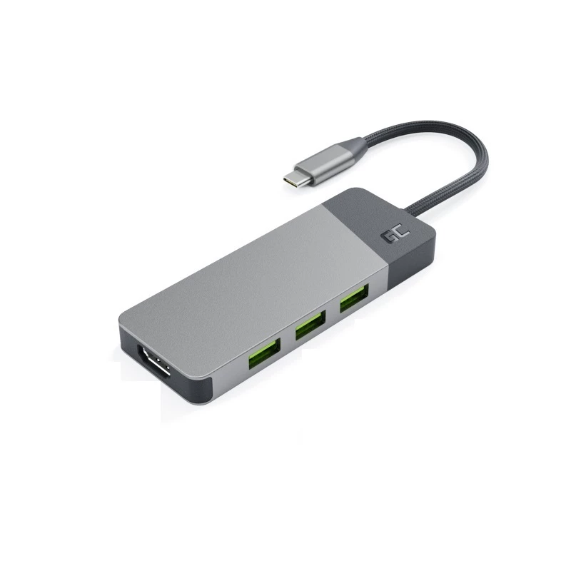 USB Type-C -keskitin Green Cell HUBGC01 — 7 liitäntää: 3×USB‑A 3.2 Gen 1, 1×USB‑C 3.2 Gen 1, HDMI, microSD+SD-kortinlukija — hopea