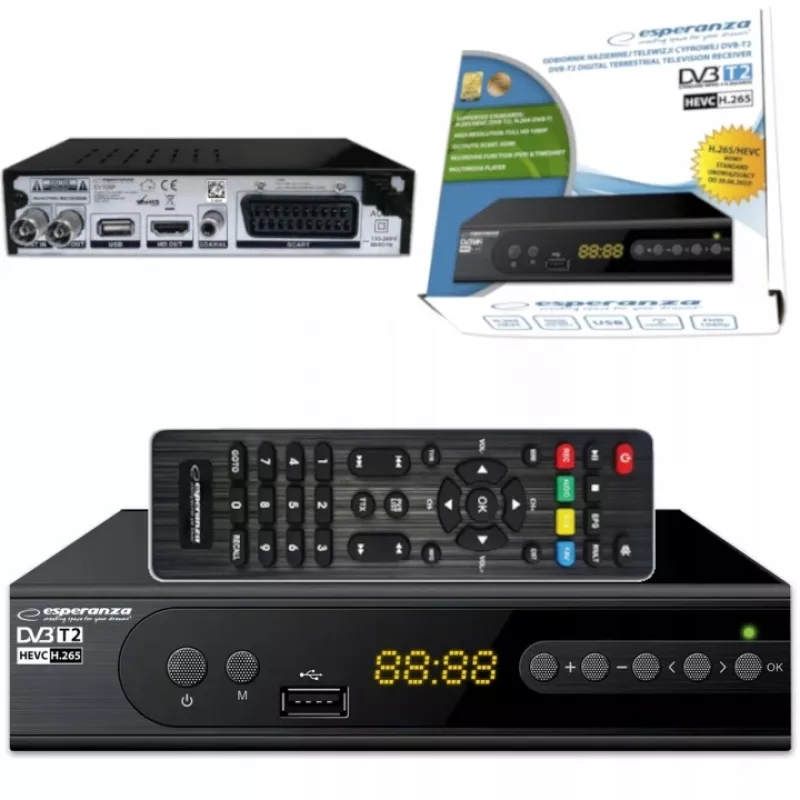 Digiboksi ESPERANZA EV106R kaapeliviritin DVB-T2 / DVB-C HEVC H.265, HDMI, USB, PVR, Dolby Digital, 174–790 MHz, musta