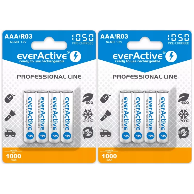 Uudelleenladattava AAA-NiMH-akkupaketti everActive EVHRL03-1050 1,2 V — 4 kpl, 1050 mAh