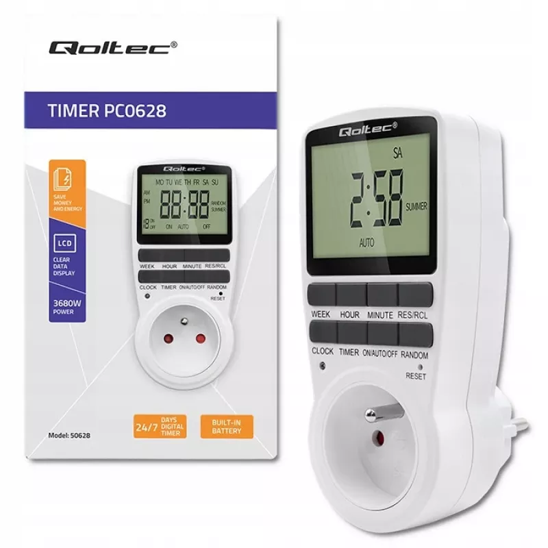 Elektroninen ajastin QOLTEC PC0628 LCD-näytöllä, 24 tunnin countdown