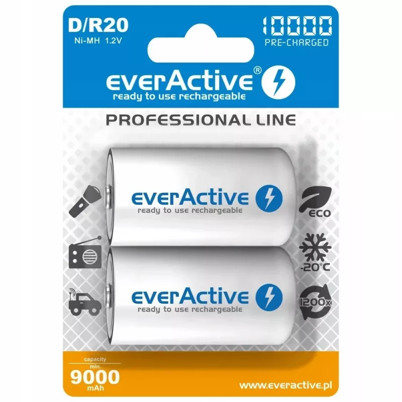 Uudelleenladattava akku everActive EVHRL20-10000 D NiMH 1,2 V 2 kpl