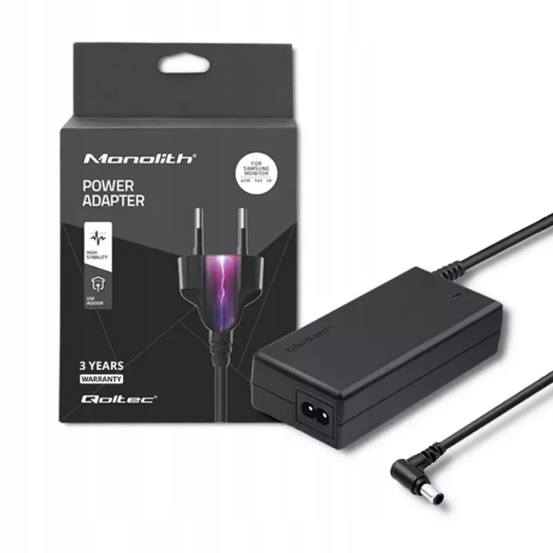Qoltec 51773 verkkovirta-adapteri Samsung-näytöille, 42 W, 14 V 3 A, 6,5x4,4 mm:n liitin, tulo 220–240 V 50/60 Hz