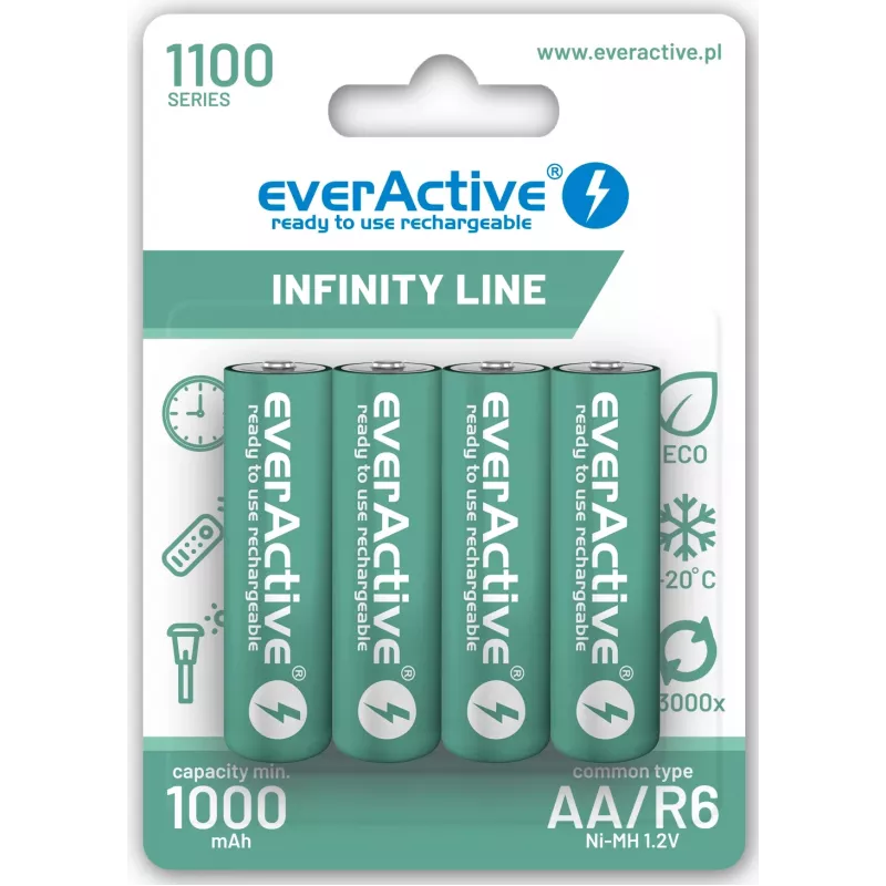 Uudelleenladattavat NiMH-akut everActive EVHRL6-1100 1,2 V 1100 mAh — 4 kpl, sylinterimäinen