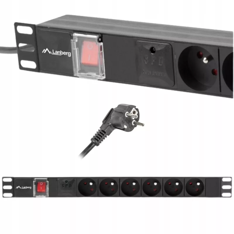 Virranjakoyksikkö LANBERG PDU-06E-0200-BK — 6x Type-E lähtöä, 16 A, 2 m kaapeli, 1HE rack, 220–250 V