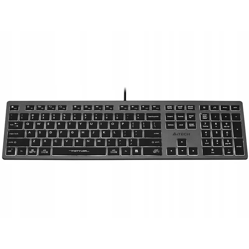 Johdollinen A4Tech-näppäimistö FX60H USB QWERTY – Full-Size 100 %, taustavalaistu valkoinen, harmaa, USB-keskitin