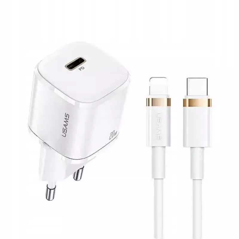 USAMS T36 Mini USB-C verkkolaturi, 20 W, PD 3.0, 1 m USB-C-Lightning-kaapelilla