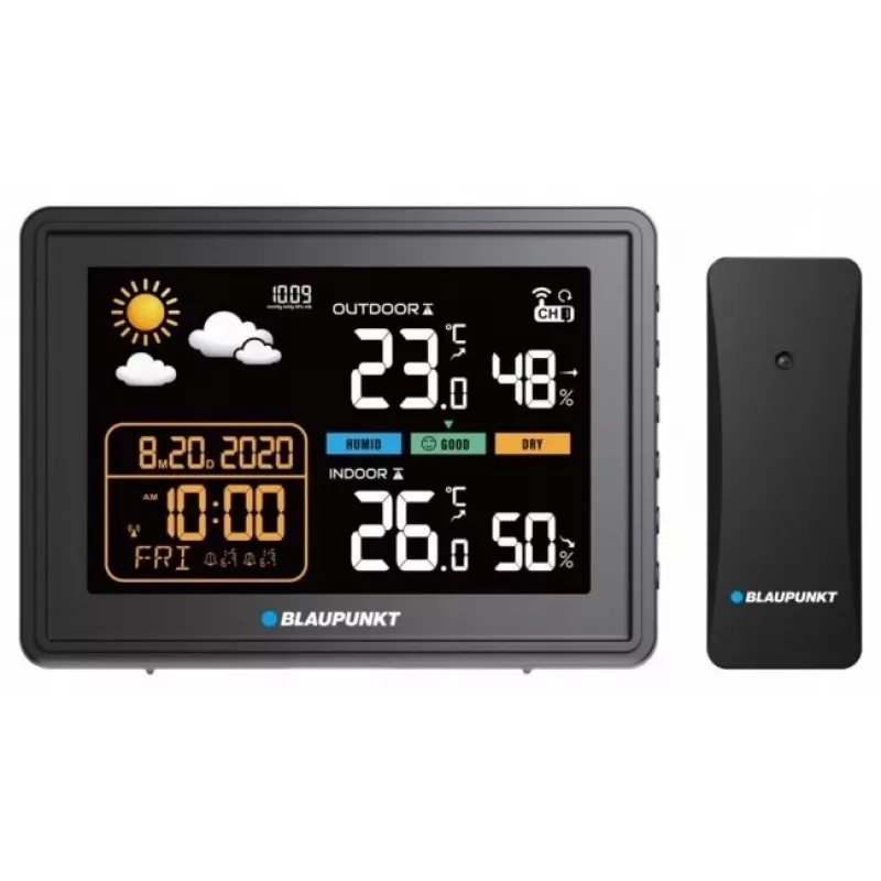 Sääasema BLAUPUNKT WS30BK langattomalla ulkoanturilla, väri-LCD, kello, herätys, barometri, °C, 1 anturi