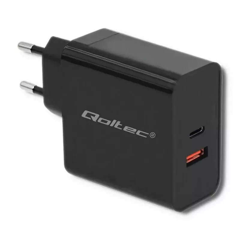Qoltec 51716 seinälaturi 63 W, USB-C PD + USB QC 3.0, 5-20 V 1,5-3 A, musta