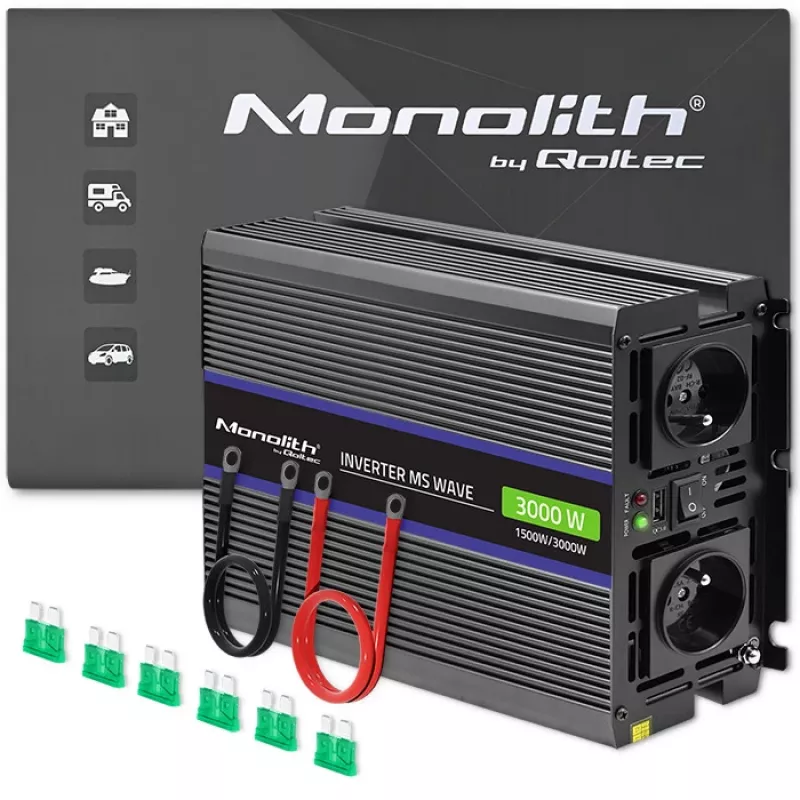 Vaihtosuuntaaja QOLTEC Monolith 3000 MS Wave, 12V→230V, 1500/3000W, USB:lla
