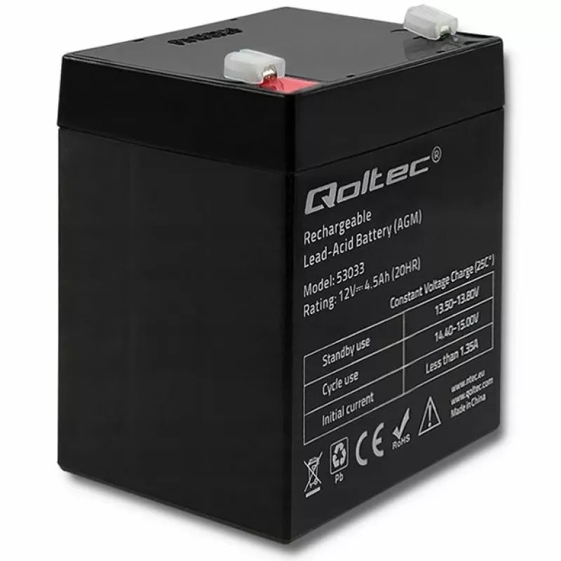Qoltec 53033 AGM-akku 12 V 4,5 Ah, maks. 1,35 A, huoltovapaa