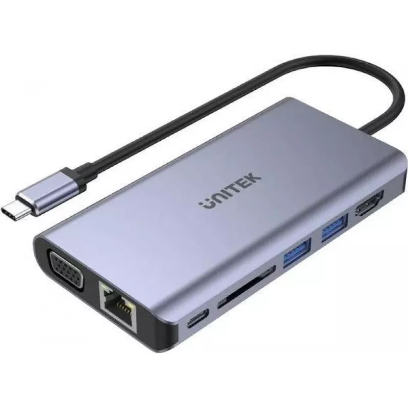 UNITEK uHUB O8+ johdollinen USB 3.2 Gen 1 Type-C -keskitin, harmaa, 100W Power Delivery