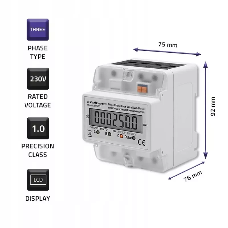 Kolmivaiheinen elektroninen energiamittari QOLTEC 50900 400V LCD 4P