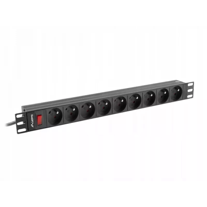 Sähkönjakoyksikkö LANBERG PDU-09E-0300-BK — 9x tyyppi E -pistorasia, 16 A, 220–250 V, 3 m kaapeli, 1U rack, 19
