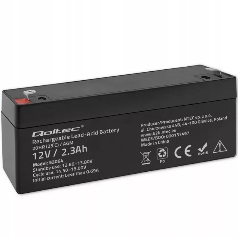 Sinettu AGM-akku QOLTEC 12V 2,3Ah UPS- ja varajärjestelmiin, max. purkaus 34,5A