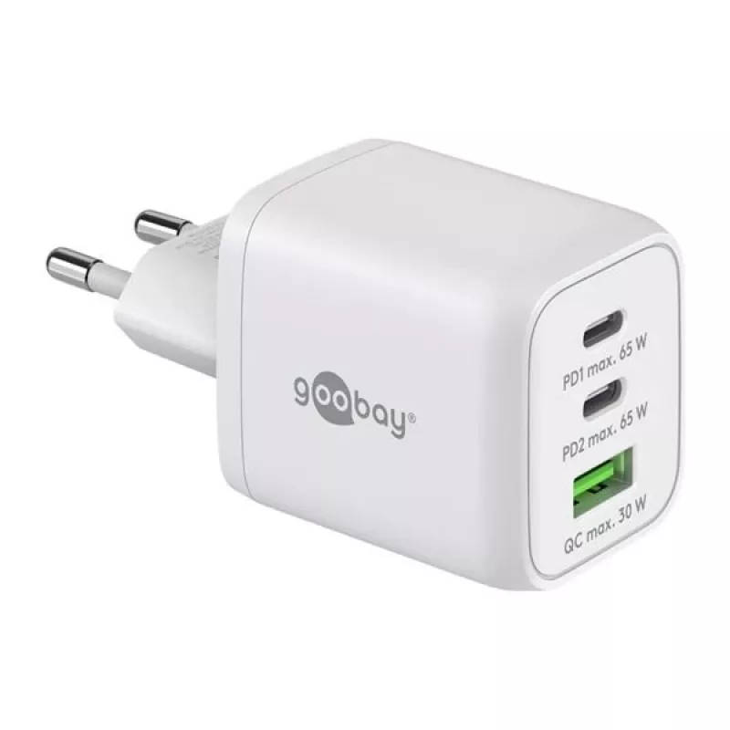 USB-C-pikalaturi Nano, PD, GaN, 65 wattia (valkoinen, 1x USB-A, 2x USB-C PD, Charge 3.0)