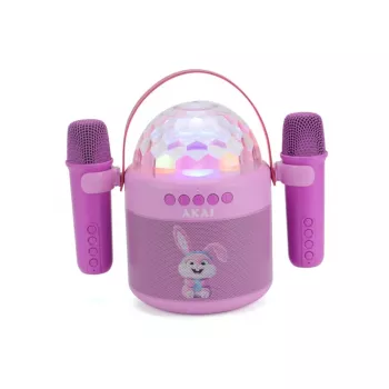 AKAI JoyBox Kids karaokesetti Bluetoothilla, USB:llä, microSD:llä, AUX:lla, FM-radiolla, RGB-valoilla, äänenmuuntimella, kaapelimikrofonilla, ladattavalla 1200mAh akulla, 5W RMS