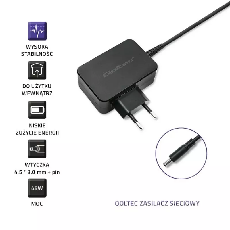 QOLTEC virtalähde Dell-kannettavalle 45W 19,5V 2,31A 4,5x3,0mm sininen kärki