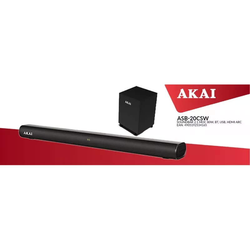 AKAI soundbar ASB-20CSW 2.1 80W langaton subwoofer Bluetooth 5.0 HDMI ARC