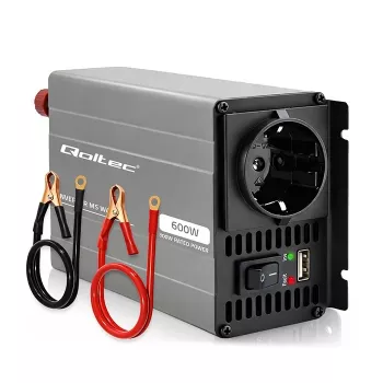 Qoltec MS-aaltomuotoinen virtamuunnin 12V - 230V 300/600W USB yhteensopiva LiFePO4 GEL AGM kanssa