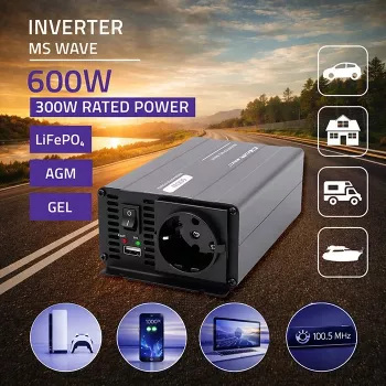 Qoltec MS-aaltomuotoinen virtamuunnin 12V - 230V 300/600W USB yhteensopiva LiFePO4 GEL AGM kanssa