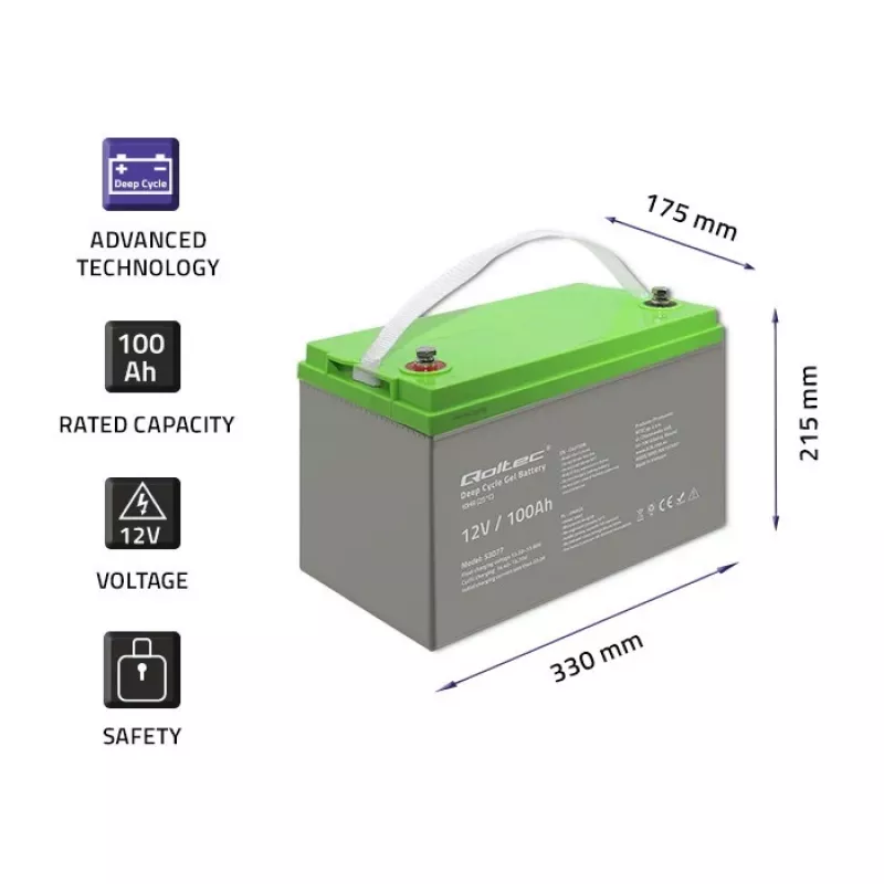 Qoltec 53077 UPS-akku suljettu lyijyakku (VRLA) 12V 100Ah
