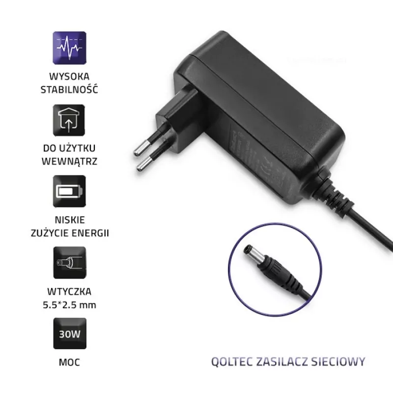 Qoltec pistokelaturi 30W 15V 2A 5,5x2,5mm musta