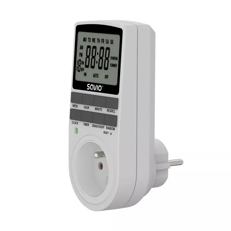 SAVIO AE-03 digitaalinen ajastin LCD-näytöllä, 10 ohjelmaa, 16A, Schuko-pistoke, valkoinen