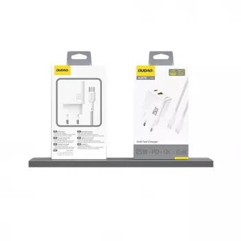 Dudao A26TEU GaN 25W USB-C USB-A -seinälaturi valkoinen