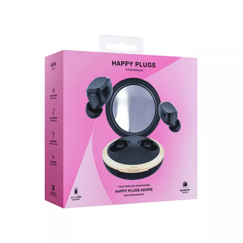 Happy Plugs Adore -langattomat in-ear-kuulokkeet peililatauskotelolla (musta)