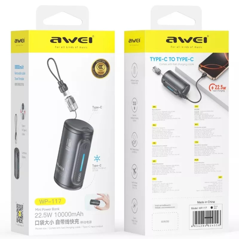 AWEI WP-117 varavirtalähde 10000mAh 22.5W 3C2xUSB-C musta