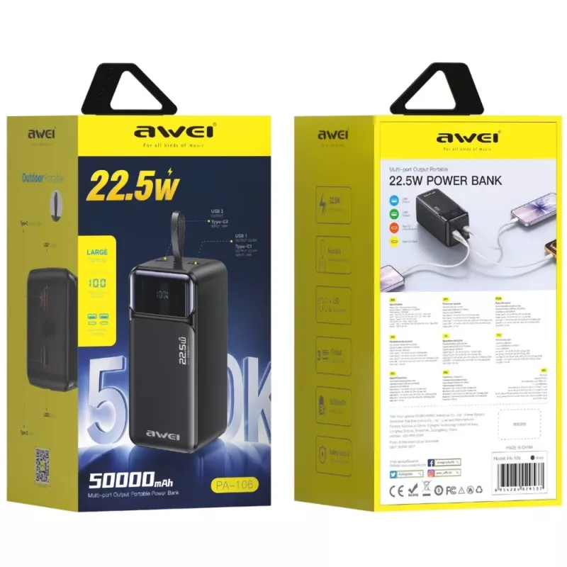AWEI PA-106 varavirtalähde 50000mAh 22.5W PD 3xUSB-C musta